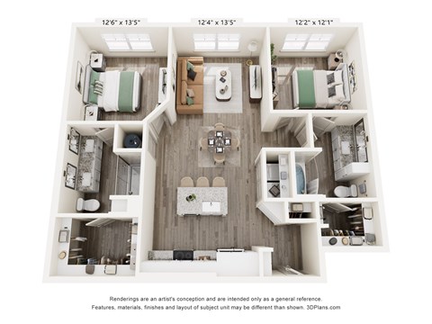 Floor plan for 2 beds, 2 baths, 1172 sqft